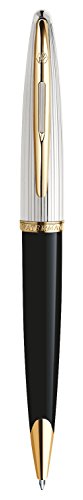 Waterman Carène Deluxe - Bolígrafo, color negro brillante y chapado en plata, clip de oro de 23 quilates, punta media con cartucho de tinta azul, estuche de regalo