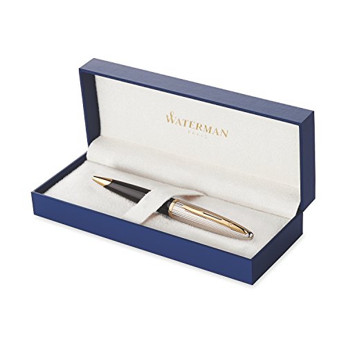 Waterman Carène Deluxe - Bolígrafo, color negro brillante y chapado en plata, clip de oro de 23 quilates, punta media con cartucho de tinta azul, estuche de regalo