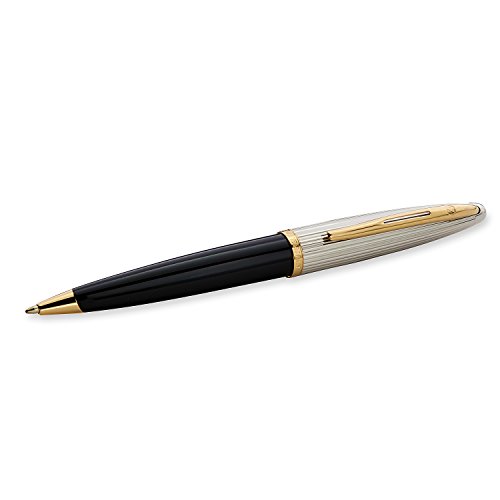 Waterman Carène Deluxe - Bolígrafo, color negro brillante y chapado en plata, clip de oro de 23 quilates, punta media con cartucho de tinta azul, estuche de regalo