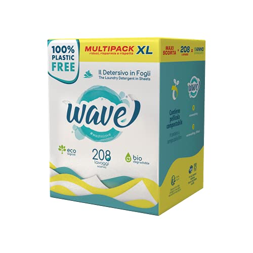 Wave Washing Classic – El Detergente en Hojas – 100% LIBRE DE PLÁSTICO – Multipack XL - 208 lavados – Ecológico – Biodegradable – Compostable