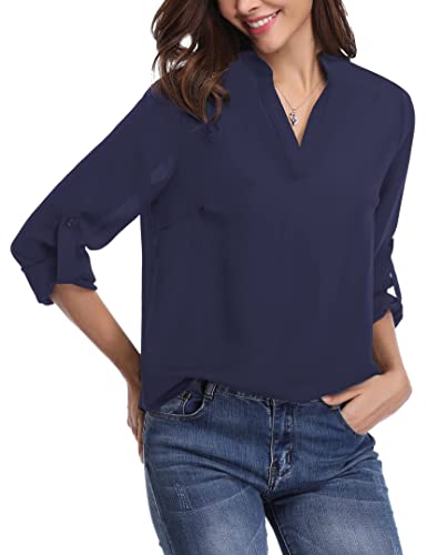 Wayleb Blusas de Mujer Elegantes con Cuello V Camisas Mujer Manga Larga Bluas de Gasa Camisas Mujer Sexy Suelta Informal para Trabajo para Primavera Verano Otoño