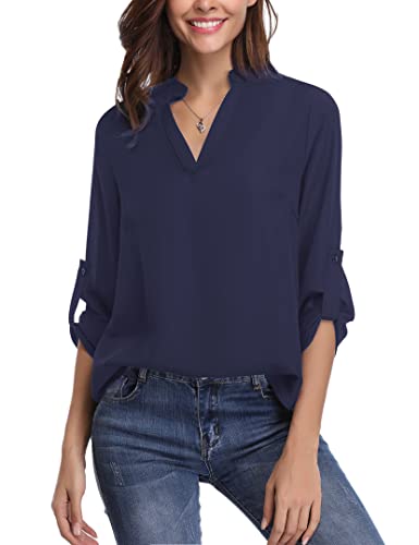 Wayleb Blusas de Mujer Elegantes con Cuello V Camisas Mujer Manga Larga Bluas de Gasa Camisas Mujer Sexy Suelta Informal para Trabajo para Primavera Verano Otoño