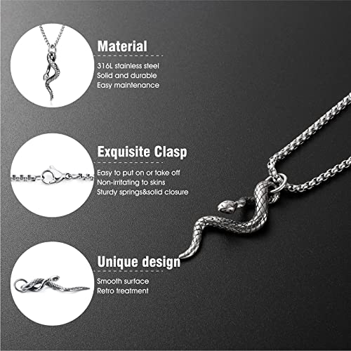 WESTMIAJW - Collar para hombre con colgante de serpiente de 3 mm, cadena de acero inoxidable plateado, 60 cm, con bolsa de terciopelo