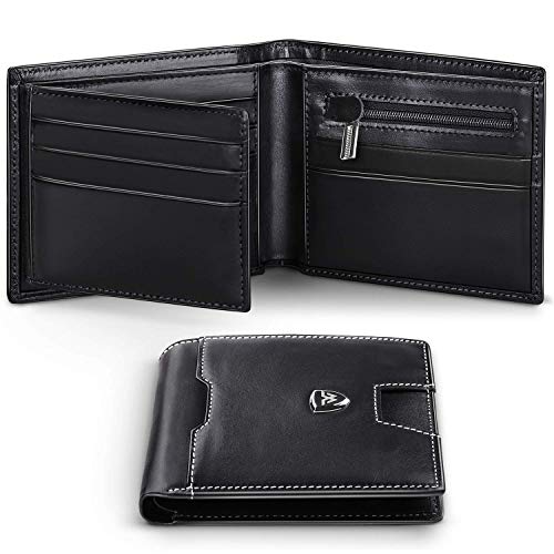 wilbest® Billetera Hombre, Cartera Hombre Piel con Linea Blanca Diseno, Carteras Hombre con Monedero, Cartera Delgada con Tarjertos, 1.5 x 11.5 x 9.5cm con Caja de Regalo, Cuero Genuino Negro