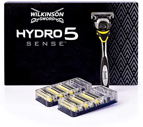 Wilkinson Sword Hydro 5 Sense - Maquinilla De Afeitar De 5 Hojas + 7 Recambios De Cuchillas De Afeitar Con Bandas Energizantes De Menta, color Amarillo, 7 Unidad, 150 g