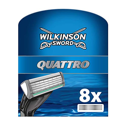 Wilkinson Sword Quattro Plus - Cargador de 8 Unidades de Recambio de Cuchillas de Afeitar para Hombre de 4 Hojas , Afeitado Manual Masculino
