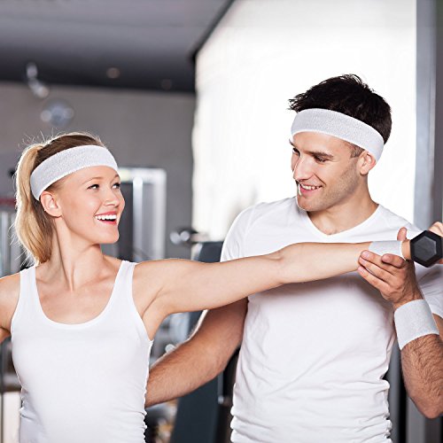 WILLBOND Juego de 3 Piezas de Muñequeras, Incluye Diadema Deportiva y Muñequera de Pulsera de Algodón de Rayas Banda de Sudor para Atléticos Hombres y Mujeres (Blanco)