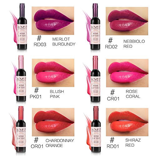 Wine Lip Tint - Botella de vino de 6 colores mancha de labios, labiales mate larga duracion Impermeable pintalabios regalo de maquillaje para niñas y mujeres