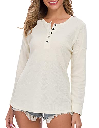 WNEEDU Camiseta Henley de Manga Larga para Mujer(Beige,S)