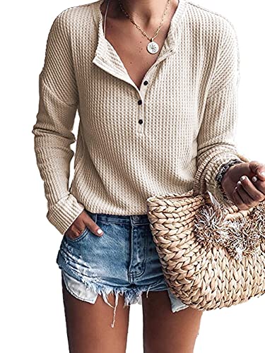 WNEEDU Camiseta Henley de Manga Larga para Mujer(Beige,S)