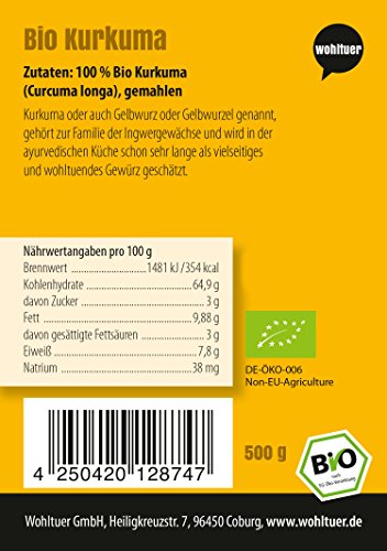 Wohltuer - Polvo orgánico de cúrcuma, raíz de cúrcuma molida (500 g), paquete de ahorro, ecológico y con ingredientes de calidad