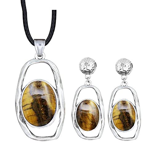 XAOQW Cabochon Natural Tiger Eye Jewelry Set Colgante Geométrico Collar Pendientes Retro Fashion Jewelry,Tiger Eyes