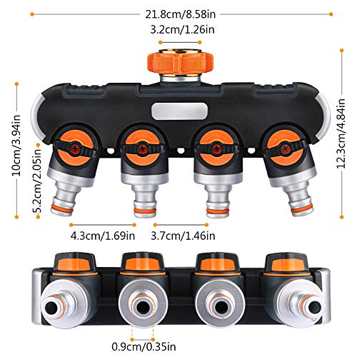 Xddias Divisor de Manguera de 4 vías, Adaptador de Divisor de Grifo de Grifo de Agua de 3/4", Conectores con Válvulas de Apagado, Conector de Grifo de Goma para Jardín y Hogar