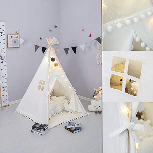 xiaowantong Tienda Tipi para niños con pompón - Tienda de campaña Plegable con Bolsa de Transporte para Interiores y Exteriores, pompón Blanco de Encaje, Lona de algodón, casa de Juegos Tipi