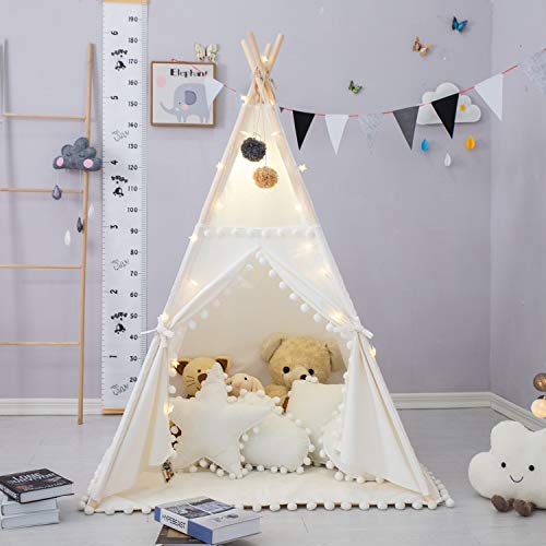 xiaowantong Tienda Tipi para niños con pompón - Tienda de campaña Plegable con Bolsa de Transporte para Interiores y Exteriores, pompón Blanco de Encaje, Lona de algodón, casa de Juegos Tipi