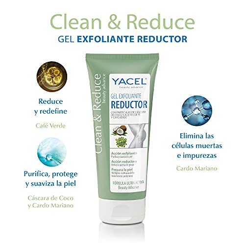 Yacel Clean & Reduce, Gel Exfoliante Reductor, con Cáscara de Coco y Aceite de Té y Café Verde, 200Ml