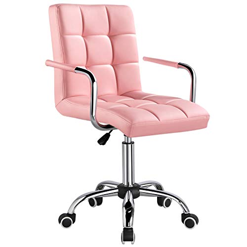 Yaheetech Silla de Oficina Giratoria Taburete de Trabajo Bar Altura Ajustable Carga MAX 120Kg con Respaldo Rosa