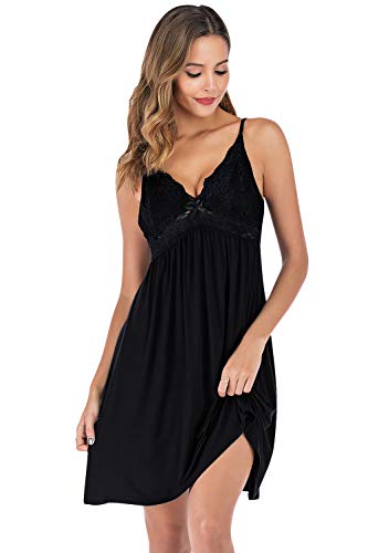 YAOMEI Camisón para Mujer Camisones Algodón modalón Pijamas, lencería Cordón Spaghetti Strap Babydoll Neglige Lencería Ropa de Dormir Sin Mangas (XL, Negro)