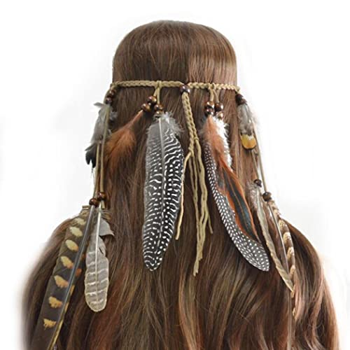 Yean Diadema de plumas bohemias, borla gitana, cabeza india, cabeza de pluma, cadena de joyería, accesorios tribales para mujeres y niñas