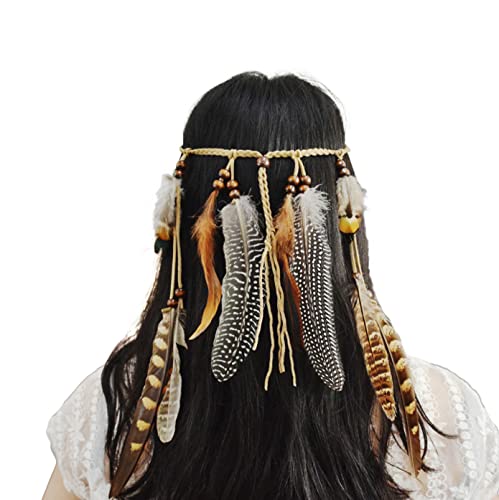 Yean Diadema de plumas bohemias, borla gitana, cabeza india, cabeza de pluma, cadena de joyería, accesorios tribales para mujeres y niñas