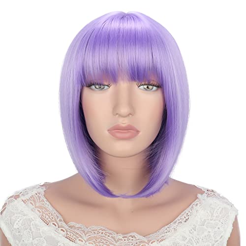 YESHEDO pelucas de pelo Morado claro corto y liso con flequillo para mujer, peluca de pelo sintético de color resistente al calor para cosplay diario natural como pelo real de 12 "