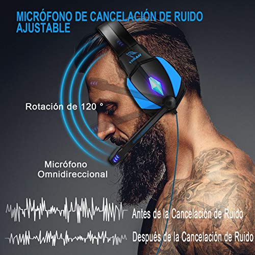 YINSAN Cascos Gaming, Auriculares Premium Stereo con Micrófono, Luz LED y Control Volumen, Diadema Acolchada y Ajustable para PS4/Xbox One X/S/PC/Laptop/Tablet