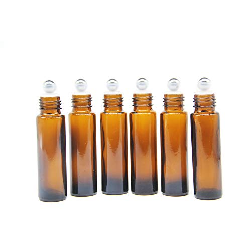 Yizhao Marrón Botellas Roll On Cristal para Aceites Esenciales 10ml, con Roll-on Bola de Acero Inoxidable, para Aceites Esenciales, Masajes, Aromaterapia, Botella de Laboratorio – 6 Pcs