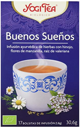 Yogi Tea - Buenos Sueños, Infusión Ayurvédica de Hierbas con Hinojo, Flores de Manzanilla y Raíz de Valeriana - 17 Bolsitas, 30,6g