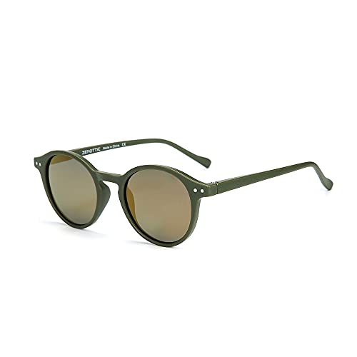 ZENOTTIC Gafas de sol Polarizadas Redondo Retrospectivo Clásico Retrospectivo Lentes de sol Marco UV400 Para hombres y mujeres (MATE VERDE + REFLECTANTE AMARILLO)