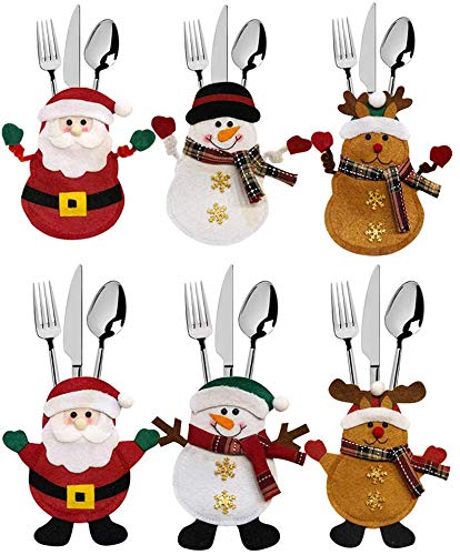 ziidoo 6 Pcs Bolsita para Cubiertos de Navidad, Mu?Eco de Nieve de Alces de Santa Claus, Decoraci¨®n de Mesa