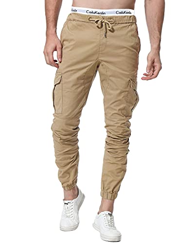 ZOEREA Pantalones Hombre Casuales Deporte Elásticos Joggers Largos Pants con Bolsillos Algodón Slim Fit Cargo Trouser de Hombres Caqui, M