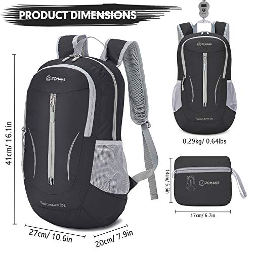 ZOMAKE Mochila Plegable Ligera 25L, Mochilas Pequeñas Compacta para Hombre, Mujer, Viajar, Senderismo, Al Aire Libre(Negro)