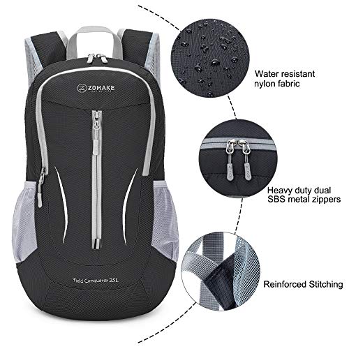 ZOMAKE Mochila Plegable Ligera 25L, Mochilas Pequeñas Compacta para Hombre, Mujer, Viajar, Senderismo, Al Aire Libre(Negro)