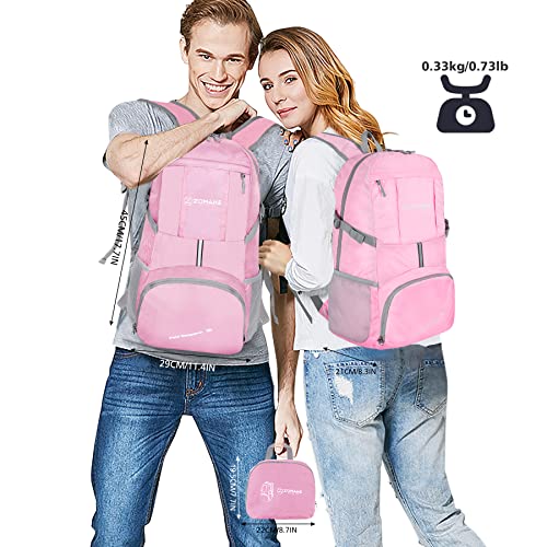 ZOMAKE Mochila Plegable Ligera 35L, Mochilas Compacta con Resistencia al Agua para Hombre Mujer Viajar Senderismo(Rosa Claro)