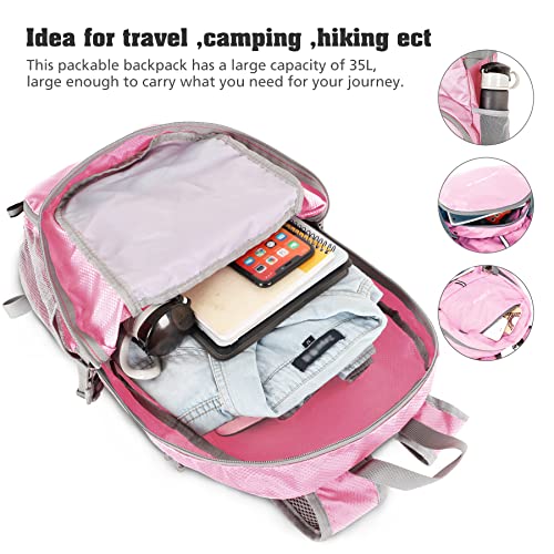 ZOMAKE Mochila Plegable Ligera 35L, Mochilas Compacta con Resistencia al Agua para Hombre Mujer Viajar Senderismo(Rosa Claro)