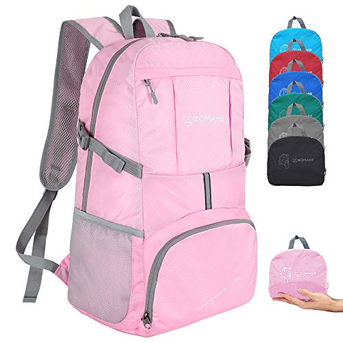 ZOMAKE Mochila Plegable Ligera 35L, Mochilas Compacta con Resistencia al Agua para Hombre Mujer Viajar Senderismo(Rosa Claro)