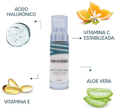 100% Natural y Vegano- Super C Facial Serum con ÁCIDO HIALURÓNICO + VITAMINA C + VITAMINA E + ALOE VERA. Antiedad, Antioxidante, Hidratante 30ml thecoolskin