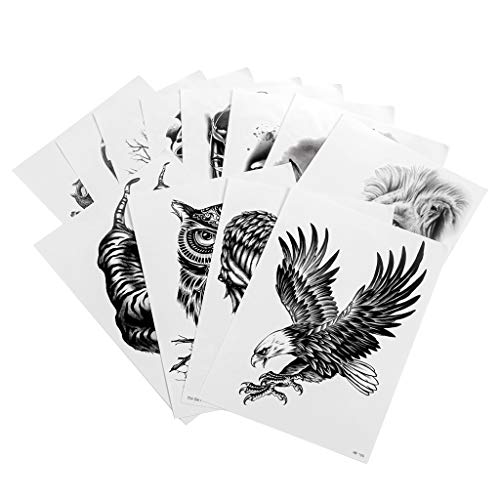 12 hojas de tatuajes temporales para hombres y mujeres, león, tigre, animales, búho, mujer, muerte, cráneo, resistente al agua, negro, tatuaje temporal, para carnaval, fiesta