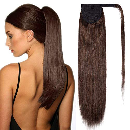 16"(40cm) Coleta Postiza Pelo Natural Humano 100% Remy Extensiones de Cabello Natural Clip Coletero Coletas Postizas Naturales Postizos Ponytail Extension (#4 Castaño Chocolate)