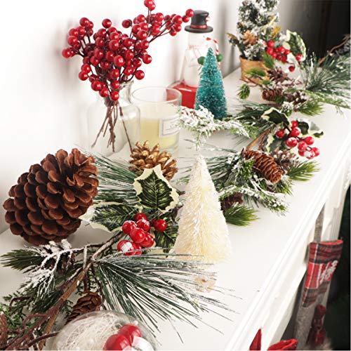 180 cm Guirnalda de pino de Navidad con frutos rojos Aguja de pino nevado Piñas Abeto Hojas de eucalipto Guirnalda de vegetación de invierno para Navidad Chimenea Escaleras Decoraciones de mesa