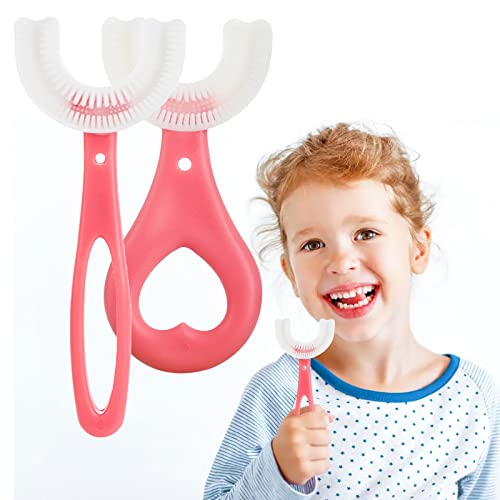 2 cepillo de dientes en forma de U para niños, cabezal de silicona suave de calidad alimentaria, cepillo de dientes para bebés de 2 a 12 años de edad, con 360 ° de cuidado bucal (rosa)