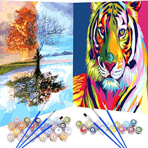 2 Set Pintar por Numeros para Adultos Niños Pintura por Números con Pinceles y Pinturas Decoraciones,Kit de pintura al óleo para adultos,Tigre colorido y Árbol colorido (16*20 Pulgadas, Sin Marco)