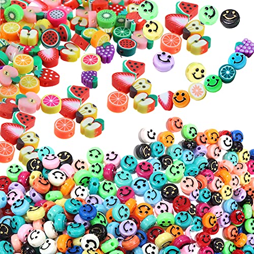 200 Abalorios para Hacer Pulseras, 100 cuentas de arcilla polimérica Frutas Cuentas Coloridas, 100 Cuentas de sonrisa caritas sonrientes Cuentas de Bricolaje para Pulseras, Niños, DIY Manualidades