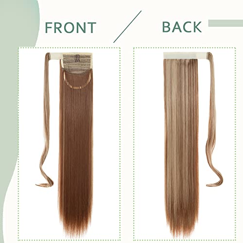 22"(55cm) SEGO Coleta Postiza Lisa con [Magia del Bolsillo] Pelo Sintético Se Ve Natural [Castaño Claro a Rubio Ceniza] Extensiones de Cabello Clip Cola Ponytail Hair (90g)