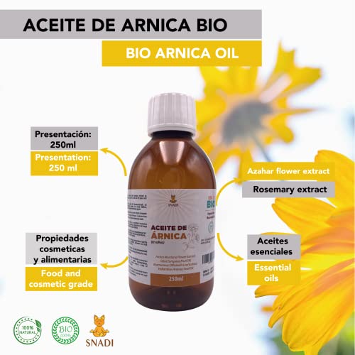 250 ml - Aceite de Arnica puro macerado BIO. Arnica pura en oliva con extracto de romero. relajante muscular natural