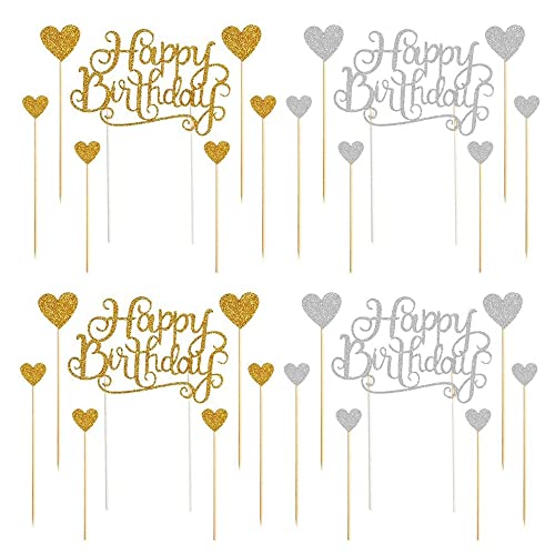 28 Piezas Topper Feliz cumpleaños, Happy Birthday Decoraciones para Tarta, para Cumpleaños Baby Shower Fiesta Temática(Oro, Plata)