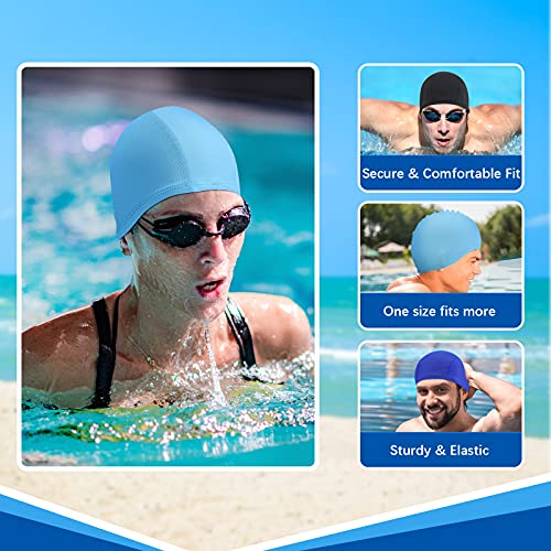 3 Gorros de Natación de Color Sólido Sombrero de Natación de Tela de Nailon Gorro de Baño Unisex Gorro Antideslizante para Piscina para Cabello Largo y Corto (Negro, Azul, Azul Cielo)