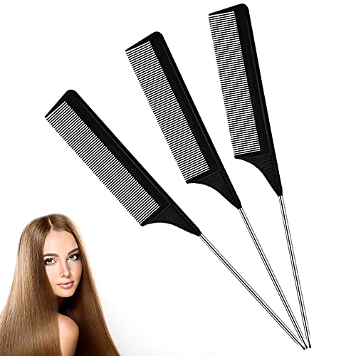 3 piezas Peines de Cola de Rata Peines con Pintail de Acero Inoxidable Peine de Separación,peluquería Peine para Mujer Hombre con Diferentes Tipos de Pelos(Negro)