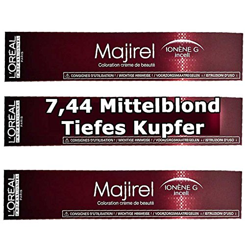 3 x Loreal majirel 7,44 Rubio Medio Tiefes Cobre Crema Color del pelo – 50 ml