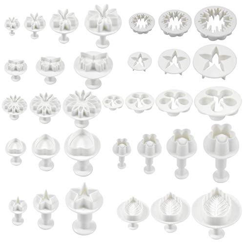 33 Pcs Cortador Fondant Expulsor, Cortadores de Pastel para Decorar, Cortador de Galletas con Flor Corazón Mariposa Estrella Forma de Copo de Nieve, Herramientas de Decoración de Pasteles Bricolaje